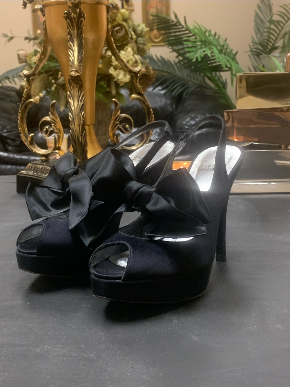 Stuart Weitzman Black Satin platform heeled Sandals Size 6 M